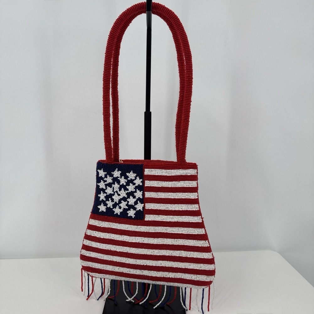 Sea Glass Collection New York Hong Kong Hand Beaded American Flag Fringe Bag NEW